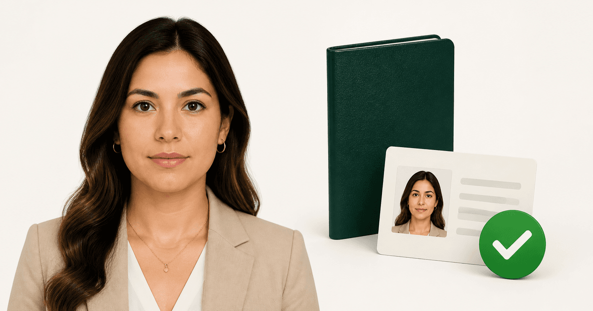 U.S. passport and visa photo check with an approved green checkmark